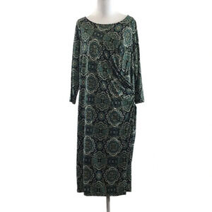 Talbots Green‎ Blue Batik Midi Faux Wrap Dress Womens X 3/4 Sleeve